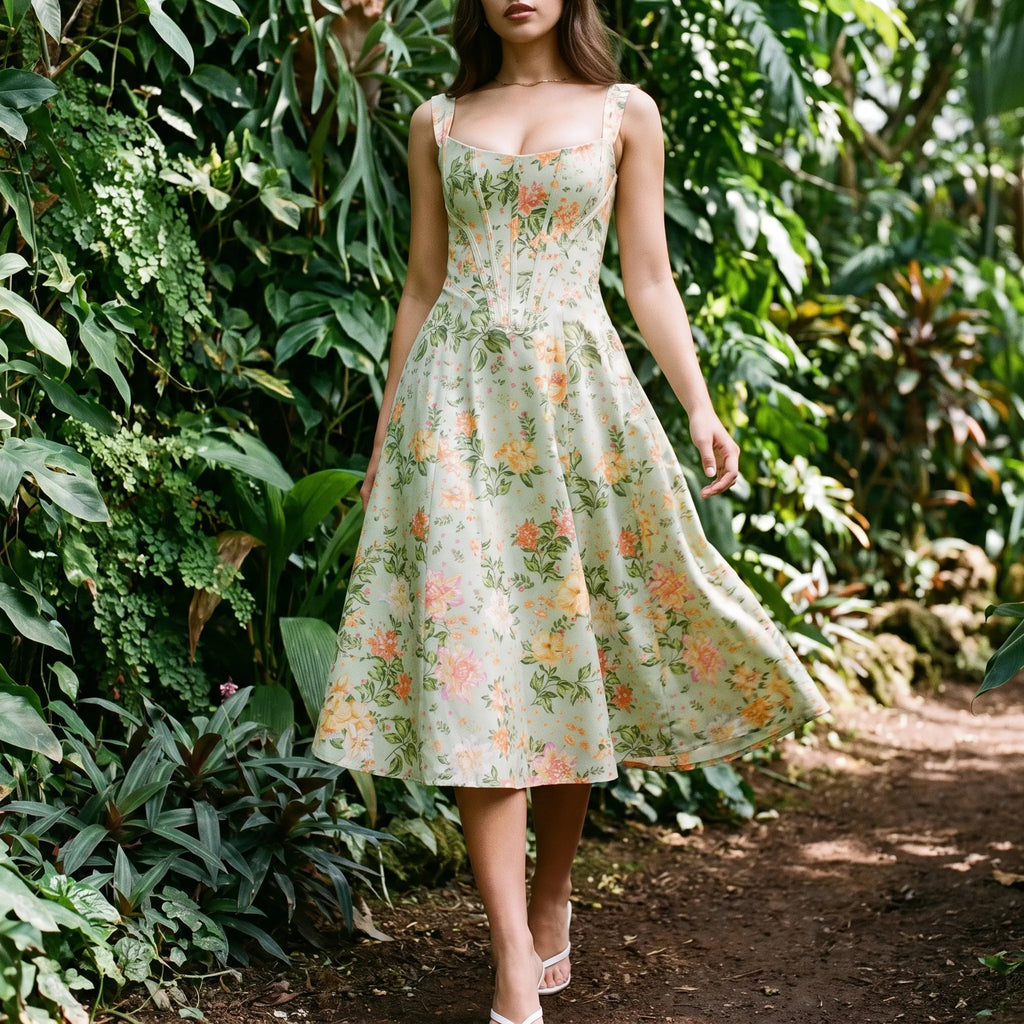 FloralAura - Vestito Midi Con Stampa Floreale 