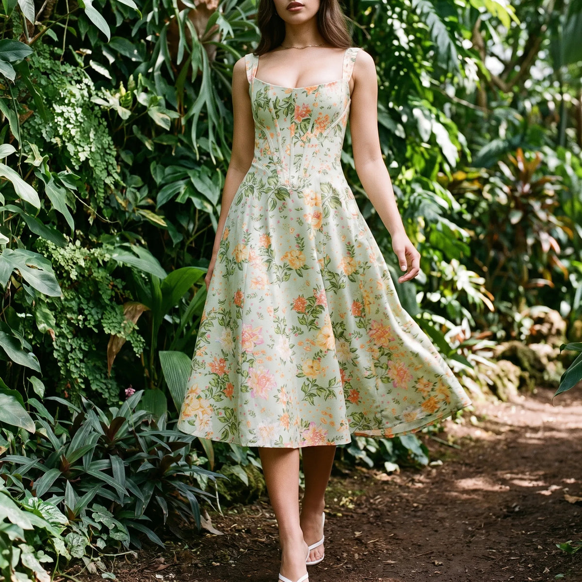 FloralAura - Vestito Midi Con Stampa Floreale 