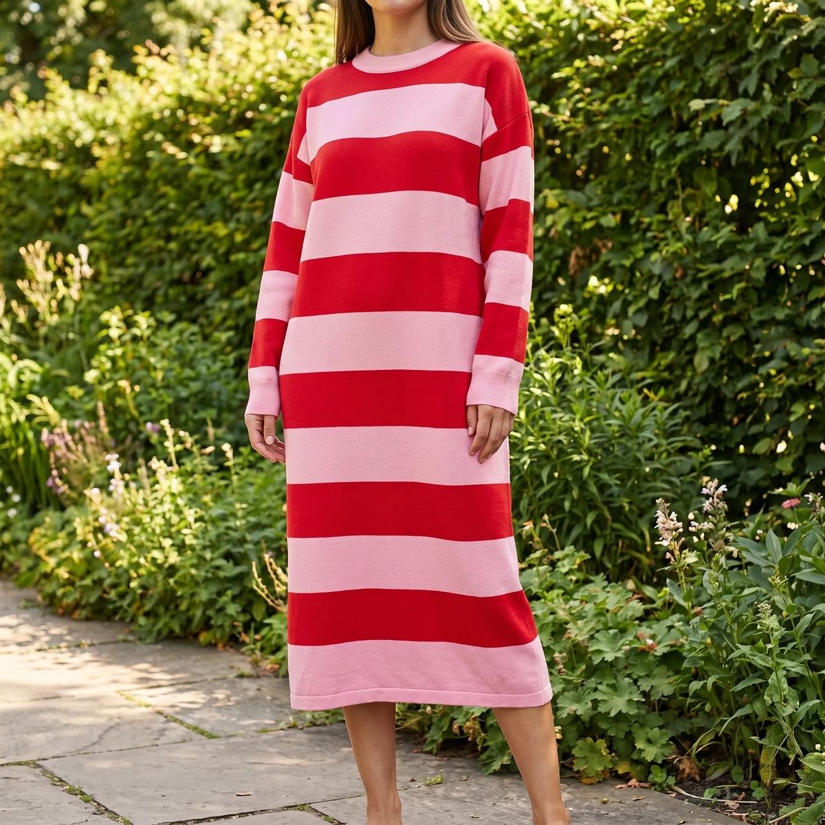 Stripely - Vestito Midi Maniche Lunghe A Righe 