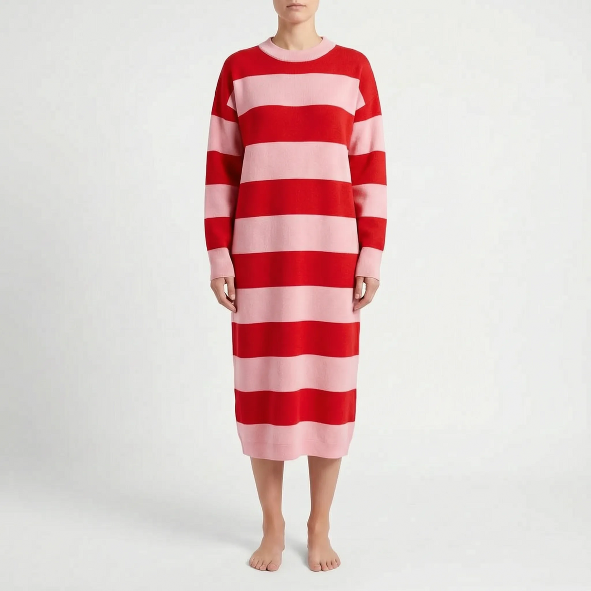 Stripely - Vestito Midi Maniche Lunghe A Righe 