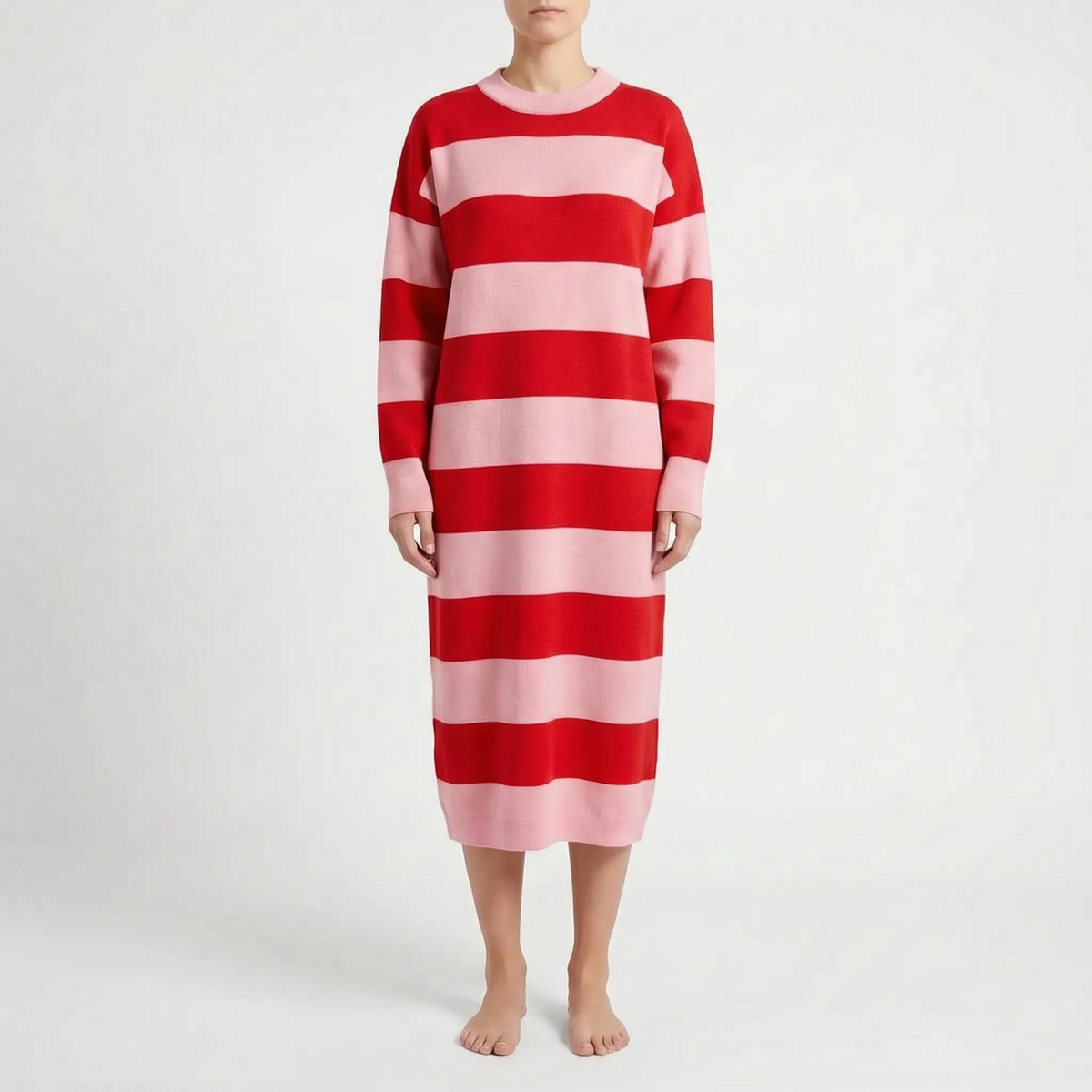 Stripely - Vestito Midi Maniche Lunghe A Righe 